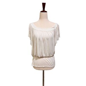 Lipstick off white short sleeve blouse size small soft banded waist blouson